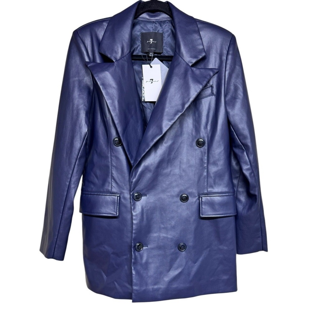 7 For All Mankind Faux Leather Double Breasted Blazer Navy‎ Blue Women's Medium
